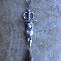 NEW! The Light Necklace & Cuff Bracelet Set with Sterling Belcher Chain, Unique Leather Cuff & Tassel, Two Wounded Heart Medals