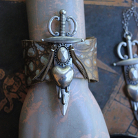 NEW! The Light Necklace & Cuff Bracelet Set with Sterling Belcher Chain, Unique Leather Cuff & Tassel, Two Wounded Heart Medals