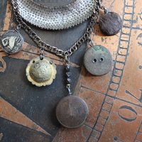 NEW! The Art of Becoming Necklace with Rare Antique Faceted Cut Steel Crescent Moon, Antique Compass & 4 Unique Antique Dangles