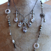 NEW! Antique French Scrolled Ave Maria AM Medal Necklace with Sterling Belcher Chain,2 Bead Point Crosses & 5 Uniquely Faceted Crystal Drops