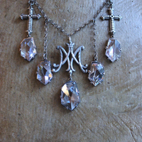 NEW! Antique French Scrolled Ave Maria AM Medal Necklace with Sterling Belcher Chain,2 Bead Point Crosses & 5 Uniquely Faceted Crystal Drops