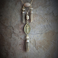 The Renewal Necklace w/Rare Antique Gilt St. Anthony Medal,Pave Diamond Findings,Antique Foxtail Chain Tassels,Unique Goldfill Chain,14K Gold Clasp