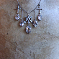 NEW! Antique French Scrolled Ave Maria AM Medal Necklace with Sterling Belcher Chain,2 Bead Point Crosses & 5 Uniquely Faceted Crystal Drops