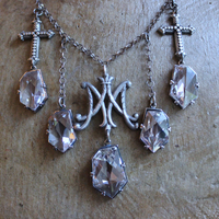 NEW! Antique French Scrolled Ave Maria AM Medal Necklace with Sterling Belcher Chain,2 Bead Point Crosses & 5 Uniquely Faceted Crystal Drops