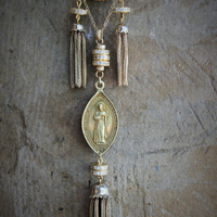 The Renewal Necklace w/Rare Antique Gilt St. Anthony Medal,Pave Diamond Findings,Antique Foxtail Chain Tassels,Unique Goldfill Chain,14K Gold Clasp