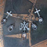 NEW! Antique French Scrolled Ave Maria AM Medal Necklace with Sterling Belcher Chain,2 Bead Point Crosses & 5 Uniquely Faceted Crystal Drops