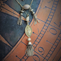 The Renewal Necklace w/Rare Antique Gilt St. Anthony Medal,Pave Diamond Findings,Antique Foxtail Chain Tassels,Unique Goldfill Chain,14K Gold Clasp