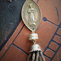 The Renewal Necklace w/Rare Antique Gilt St. Anthony Medal,Pave Diamond Findings,Antique Foxtail Chain Tassels,Unique Goldfill Chain,14K Gold Clasp