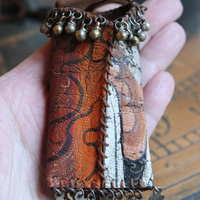 NEW! Asymmetrical Hand Painted Clouds Thangka Pouch with Far Infrared Light Healing Tower, Antique Cloud Shaped Drops & Tiny Orbs