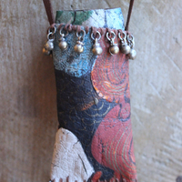 NEW! Asymmetrical Hand Painted Clouds Thangka Pouch with Far Infrared Light Healing Tower, Antique Cloud Shaped Drops & Tiny Orbs