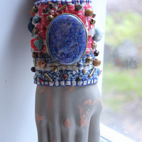 NEW! Wise Woman Kantha Cuff Bracelet with Brass Set Lapis Lazuli and Dozens of Hand Stitched Beads and Drops