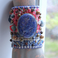 NEW! Wise Woman Kantha Cuff Bracelet with Brass Set Lapis Lazuli and Dozens of Hand Stitched Beads and Drops
