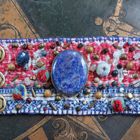 NEW! Wise Woman Kantha Cuff Bracelet with Brass Set Lapis Lazuli and Dozens of Hand Stitched Beads and Drops
