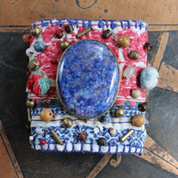 NEW! Wise Woman Kantha Cuff Bracelet with Brass Set Lapis Lazuli and Dozens of Hand Stitched Beads and Drops