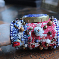 NEW! Wise Woman Kantha Cuff Bracelet with Brass Set Lapis Lazuli and Dozens of Hand Stitched Beads and Drops