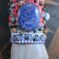 NEW! Wise Woman Kantha Cuff Bracelet with Brass Set Lapis Lazuli and Dozens of Hand Stitched Beads and Drops