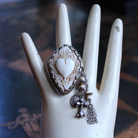 NEW! Adjustable Carved Sacred Heart Ring with Tiny Sterling Cross,Antique French Marian Medal and Chain Tassel, Beads & Sterling Rondelles