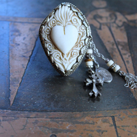 NEW! Adjustable Carved Sacred Heart Ring with Tiny Sterling Cross,Antique French Marian Medal and Chain Tassel, Beads & Sterling Rondelles