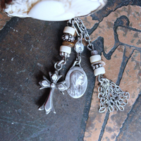 NEW! Adjustable Carved Sacred Heart Ring with Tiny Sterling Cross,Antique French Marian Medal and Chain Tassel, Beads & Sterling Rondelles