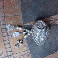 NEW! Adjustable Carved Sacred Heart Ring with Tiny Sterling Cross,Antique French Marian Medal and Chain Tassel, Beads & Sterling Rondelles