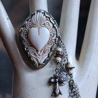NEW! Adjustable Carved Sacred Heart Ring with Tiny Sterling Cross,Antique French Marian Medal and Chain Tassel, Beads & Sterling Rondelles