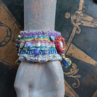 NEW!  A Joy Bracelet Set with Hand Stitched Kantha Textile,Embroidered Mirrors,Hand Made Beads,Sterling Rondelles,Mother of Pearl Beads & More!
