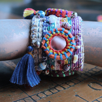 NEW!  A Joy Bracelet Set with Hand Stitched Kantha Textile,Embroidered Mirrors,Hand Made Beads,Sterling Rondelles,Mother of Pearl Beads & More!