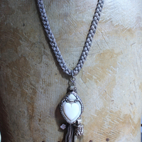 NEW! Antique French Braided Metal Thread Trim Necklace w/Silver Repousse Carved Bone Flaming Sacred Heart, Engraved Nun's Cross, Water Clear AAA Light Citrine Point