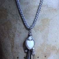 NEW! Antique French Braided Metal Thread Trim Necklace w/Silver Repousse Carved Bone Flaming Sacred Heart, Engraved Nun's Cross, Water Clear AAA Light Citrine Point