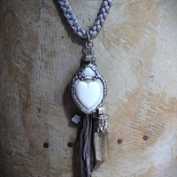 NEW! Antique French Braided Metal Thread Trim Necklace w/Silver Repousse Carved Bone Flaming Sacred Heart, Engraved Nun's Cross, Water Clear AAA Light Citrine Point