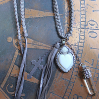 NEW! Antique French Braided Metal Thread Trim Necklace w/Silver Repousse Carved Bone Flaming Sacred Heart, Engraved Nun's Cross, Water Clear AAA Light Citrine Point