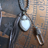 NEW! Antique French Braided Metal Thread Trim Necklace w/Silver Repousse Carved Bone Flaming Sacred Heart, Engraved Nun's Cross, Water Clear AAA Light Citrine Point