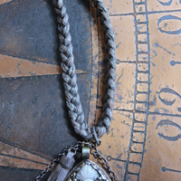 NEW! Antique French Braided Metal Thread Trim Necklace w/Silver Repousse Carved Bone Flaming Sacred Heart, Engraved Nun's Cross, Water Clear AAA Light Citrine Point