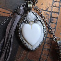 NEW! Antique French Braided Metal Thread Trim Necklace w/Silver Repousse Carved Bone Flaming Sacred Heart, Engraved Nun's Cross, Water Clear AAA Light Citrine Point