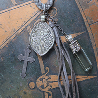 NEW! Antique French Braided Metal Thread Trim Necklace w/Silver Repousse Carved Bone Flaming Sacred Heart, Engraved Nun's Cross, Water Clear AAA Light Citrine Point