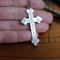 NEW! Antique French Braided Metal Thread Trim Necklace w/Silver Repousse Carved Bone Flaming Sacred Heart, Engraved Nun's Cross, Water Clear AAA Light Citrine Point