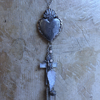 NEW! Unique Flaming Sacred Heart Pendant Necklace with Sterling Belcher Chain,Tiny Sterling Crucifix,Sterling Capped Clear Quartz Point & More!