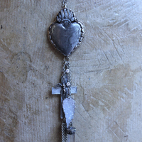 NEW! Unique Flaming Sacred Heart Pendant Necklace with Sterling Belcher Chain,Tiny Sterling Crucifix,Sterling Capped Clear Quartz Point & More!