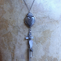 NEW! Unique Flaming Sacred Heart Pendant Necklace with Sterling Belcher Chain,Tiny Sterling Crucifix,Sterling Capped Clear Quartz Point & More!