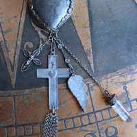 NEW! Unique Flaming Sacred Heart Pendant Necklace with Sterling Belcher Chain,Tiny Sterling Crucifix,Sterling Capped Clear Quartz Point & More!