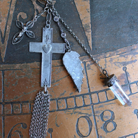 NEW! Unique Flaming Sacred Heart Pendant Necklace with Sterling Belcher Chain,Tiny Sterling Crucifix,Sterling Capped Clear Quartz Point & More!