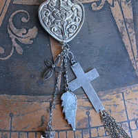 NEW! Unique Flaming Sacred Heart Pendant Necklace with Sterling Belcher Chain,Tiny Sterling Crucifix,Sterling Capped Clear Quartz Point & More!