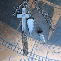 NEW! Unique Flaming Sacred Heart Pendant Necklace with Sterling Belcher Chain,Tiny Sterling Crucifix,Sterling Capped Clear Quartz Point & More!