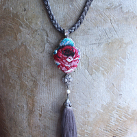 NEW! It Felt Love Necklace w/Embroidered Rose Heart Pendant,Antique Sterling Rose Medal,Antique Rose Capped Tassel & Antique Real Metal Braided Trim Chain