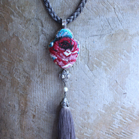 NEW! It Felt Love Necklace w/Embroidered Rose Heart Pendant,Antique Sterling Rose Medal,Antique Rose Capped Tassel & Antique Real Metal Braided Trim Chain