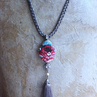 NEW! It Felt Love Necklace w/Embroidered Rose Heart Pendant,Antique Sterling Rose Medal,Antique Rose Capped Tassel & Antique Real Metal Braided Trim Chain