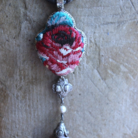 NEW! It Felt Love Necklace w/Embroidered Rose Heart Pendant,Antique Sterling Rose Medal,Antique Rose Capped Tassel & Antique Real Metal Braided Trim Chain