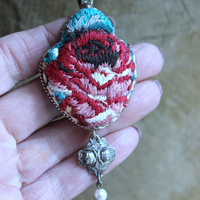 NEW! It Felt Love Necklace w/Embroidered Rose Heart Pendant,Antique Sterling Rose Medal,Antique Rose Capped Tassel & Antique Real Metal Braided Trim Chain