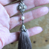 NEW! It Felt Love Necklace w/Embroidered Rose Heart Pendant,Antique Sterling Rose Medal,Antique Rose Capped Tassel & Antique Real Metal Braided Trim Chain