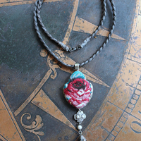 NEW! It Felt Love Necklace w/Embroidered Rose Heart Pendant,Antique Sterling Rose Medal,Antique Rose Capped Tassel & Antique Real Metal Braided Trim Chain